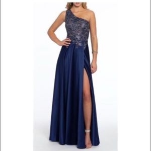 One shoulder embroidered appliqued satin dress
